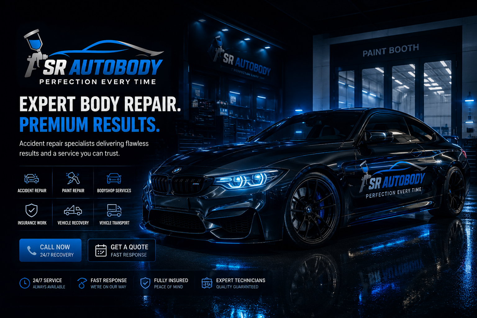 SR Autobody custom performance vehicle in premium paint booth