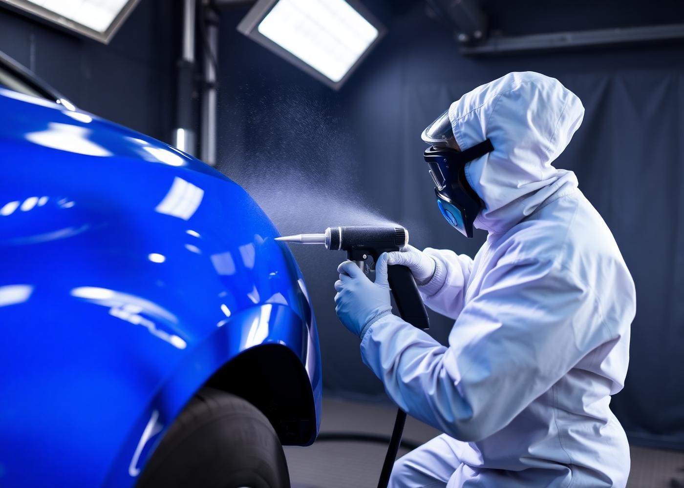 Spray painter applying glossy blue paint