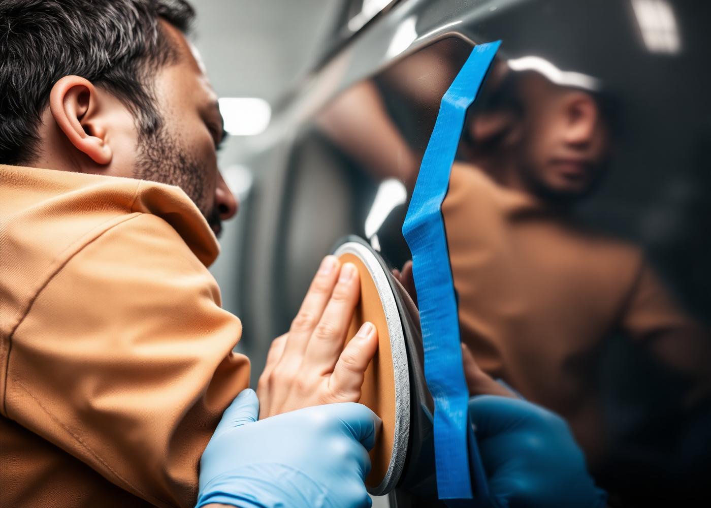 Technician carefully repairing a vehicle body panel